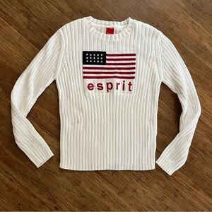 Vintage Esprit White Ribbed 90s Sweater with USA Flag Design, Sz M